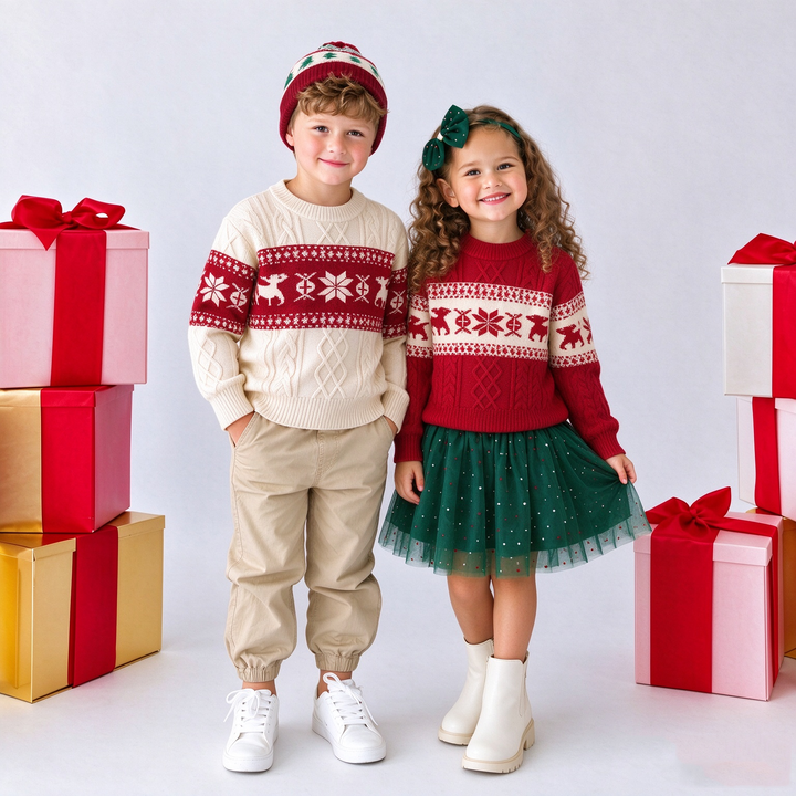 Christmas Retro Snowflake Elk Knit Pullover Sweater For Boys and Girls