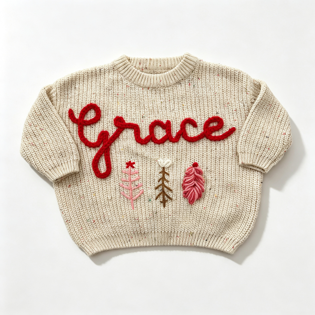 Personalized hand embroidered Christmas knitted sweater for baby kids