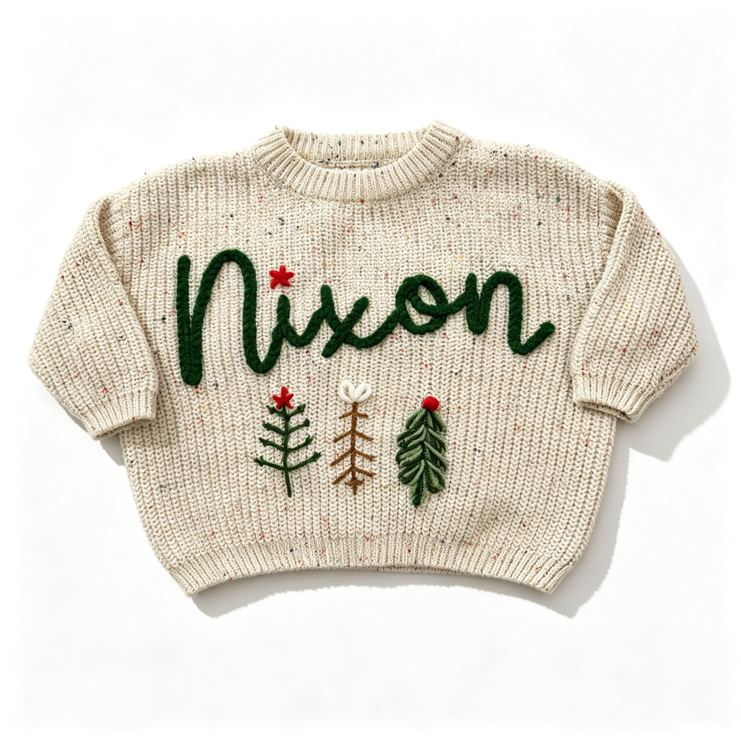 Personalized hand embroidered Christmas knitted sweater for baby kids