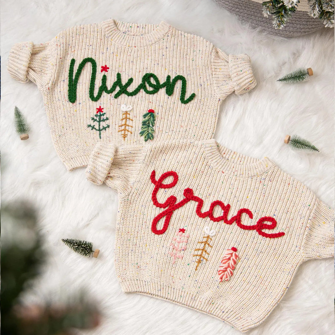 Personalized hand embroidered Christmas knitted sweater for baby kids