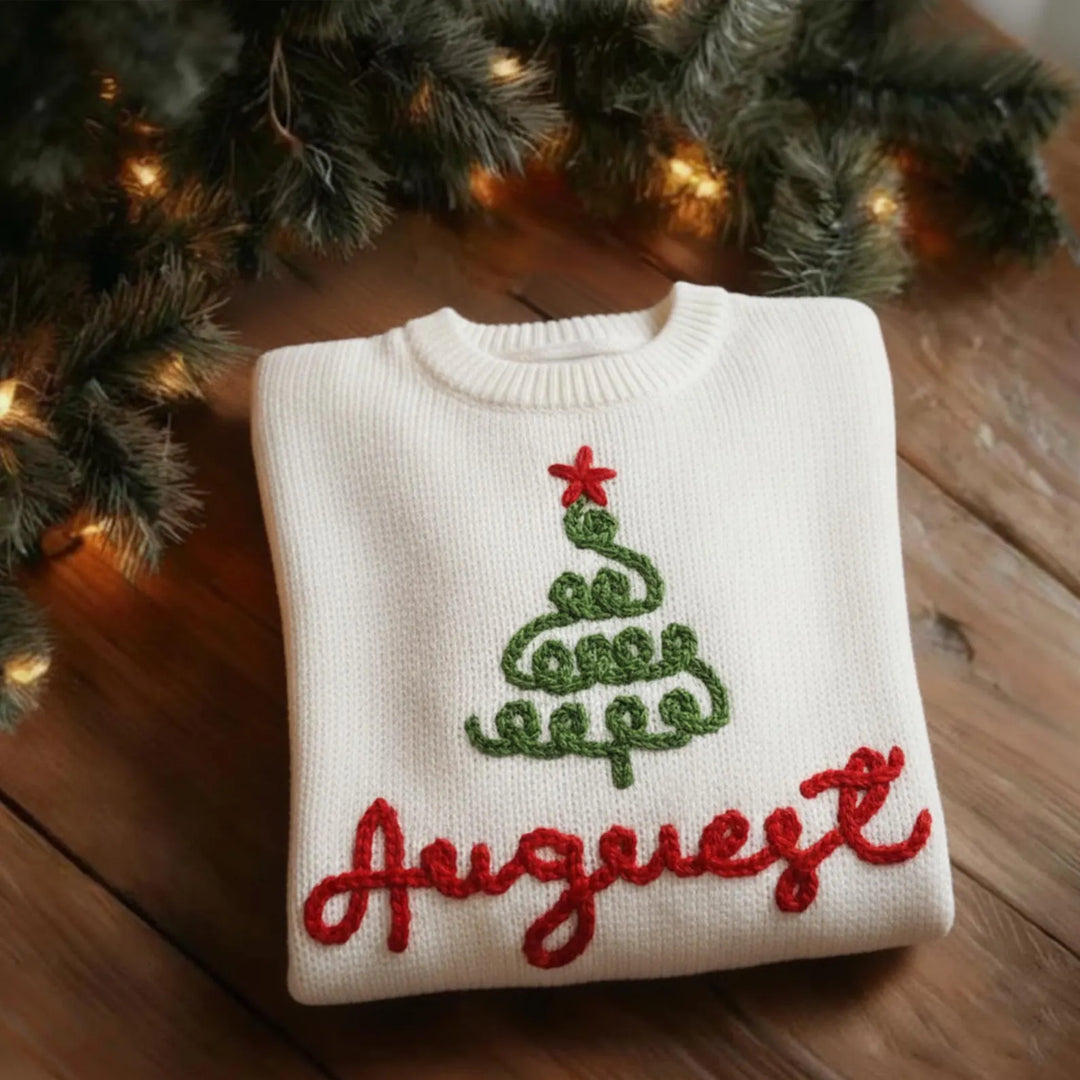 Hand Embroidered Baby Name Christmas Sweater Family Matching Christmas Sweater