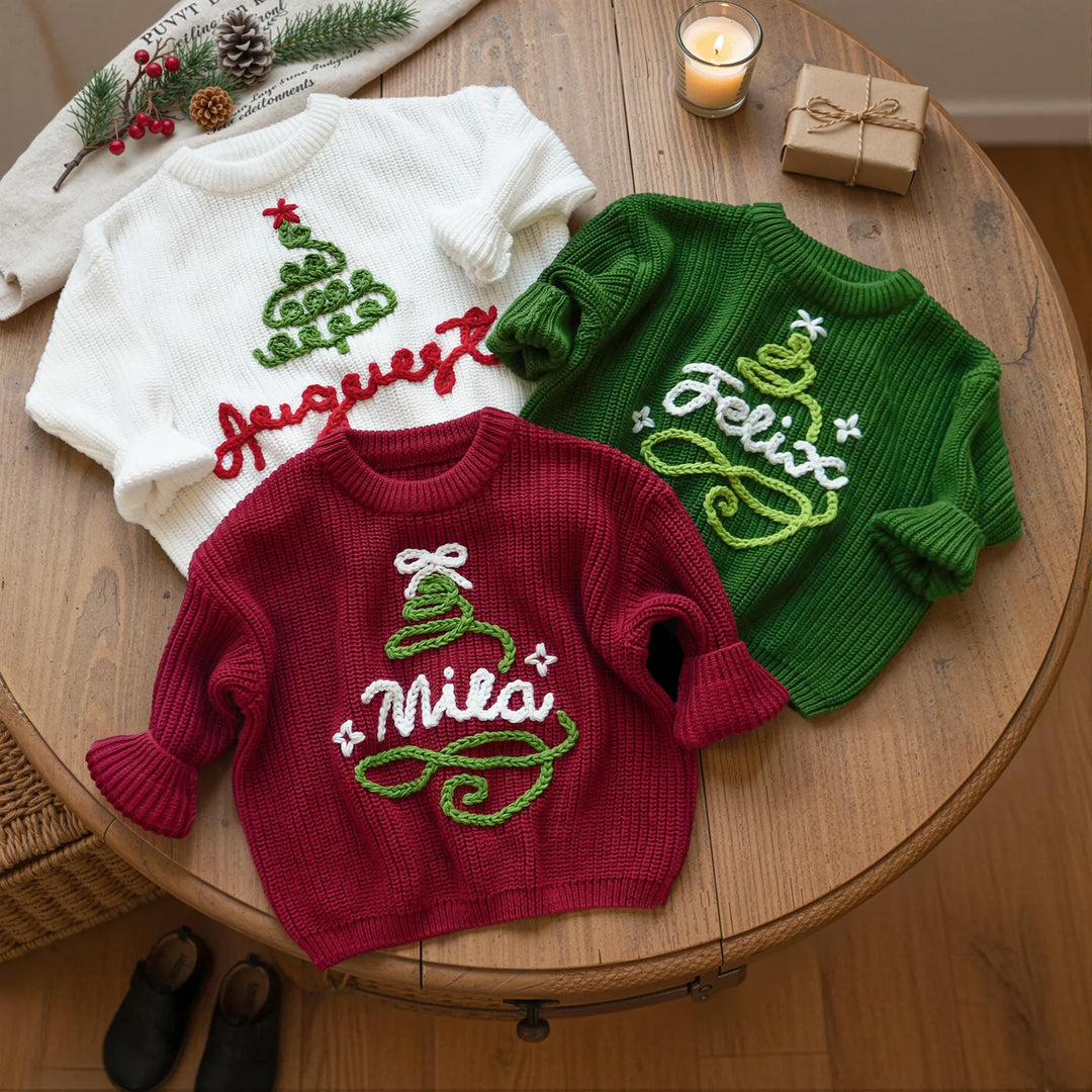Hand Embroidered Baby Name Christmas Sweater Family Matching Christmas Sweater
