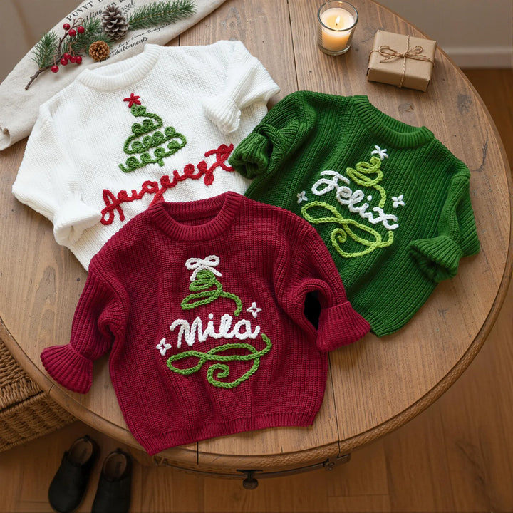 Hand Embroidered Baby Name Christmas Sweater Family Matching Christmas Sweater