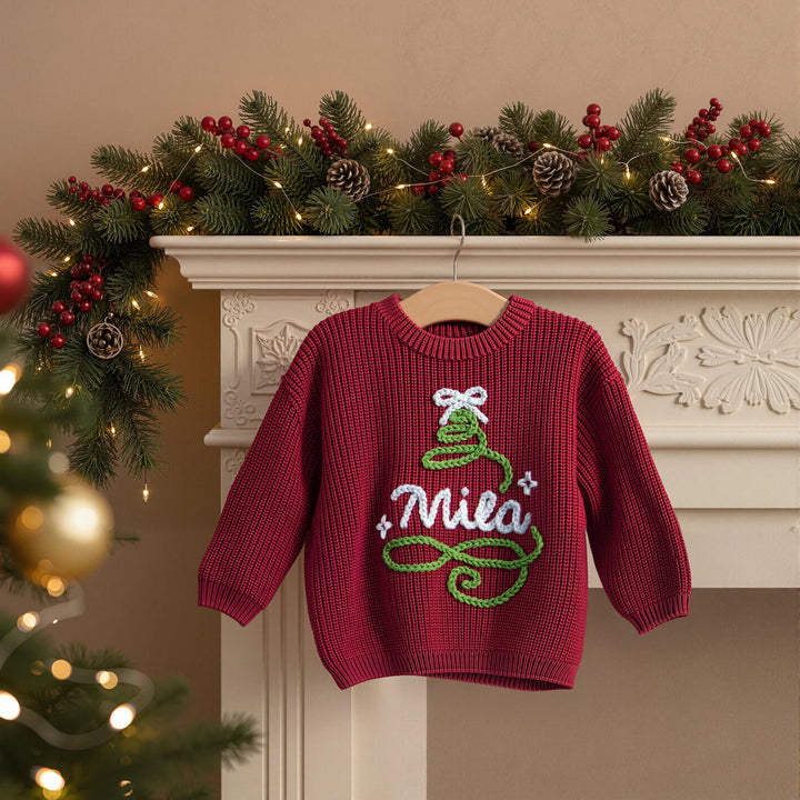 Hand Embroidered Baby Name Christmas Sweater Family Matching Christmas Sweater