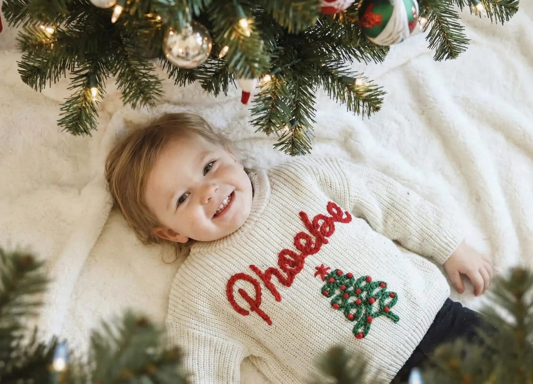 Hand Embroidered Baby Name Christmas Sweater Family Matching Christmas Sweater