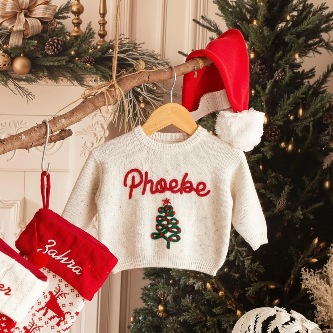 Hand Embroidered Baby Name Christmas Sweater Family Matching Christmas Sweater