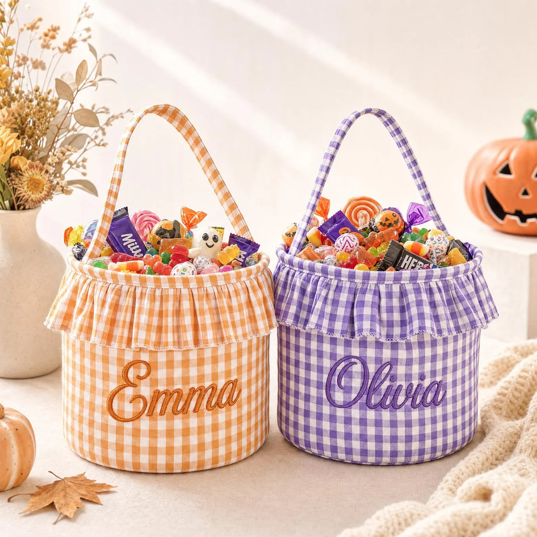 Personalized Halloween Candy Basket Embroidered Gingham Candy Bag