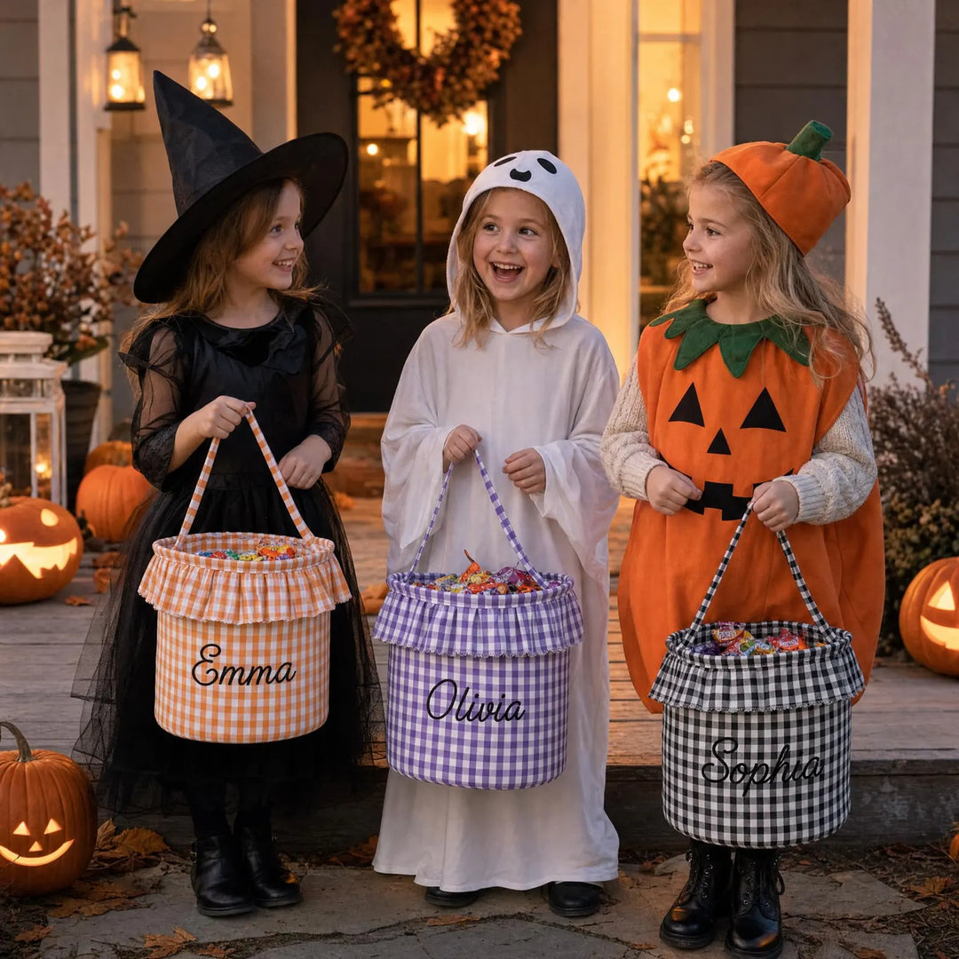 Personalized Halloween Candy Basket Embroidered Gingham Candy Bag