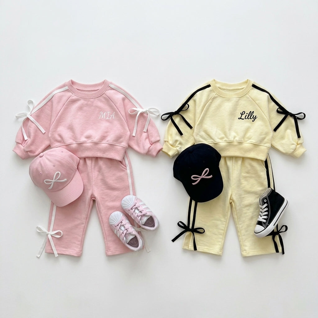 Girls Bows Tied Pullover Sweatshirt and Pants Set Personalized Name Tracksuit