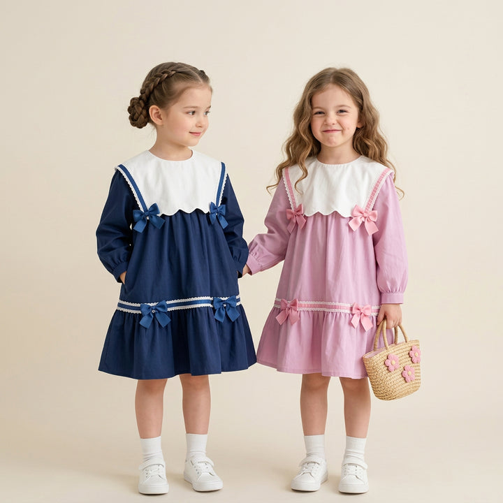 Baby Girl Ruffle Collar Flare Hem Princess Dress with Bow Decoration