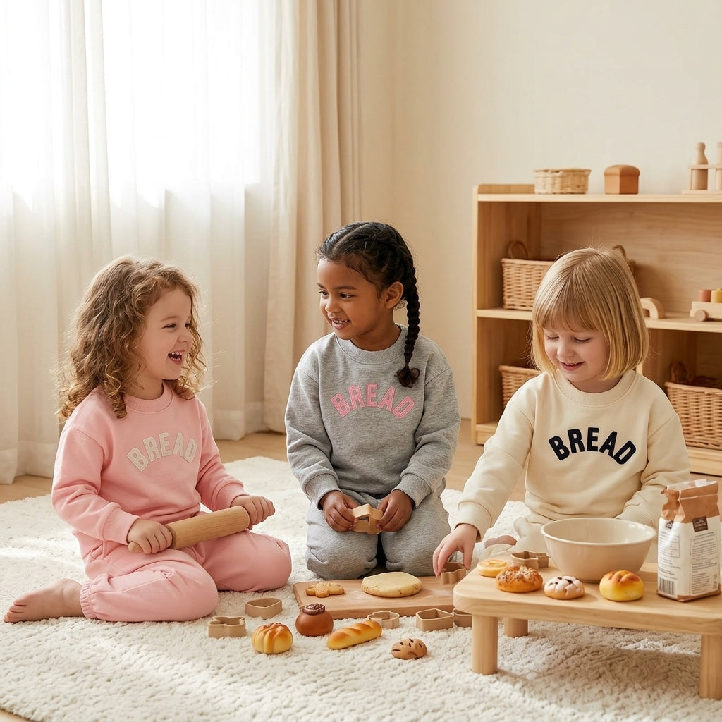 Girls "BREAD" Embroidered Patch Sweatshirt and Sweatpants 2-Piece Set