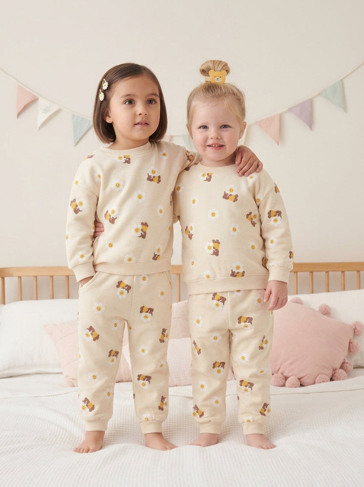 Girls Cute Bear Smiley Flower Sweatshirt Pants Set