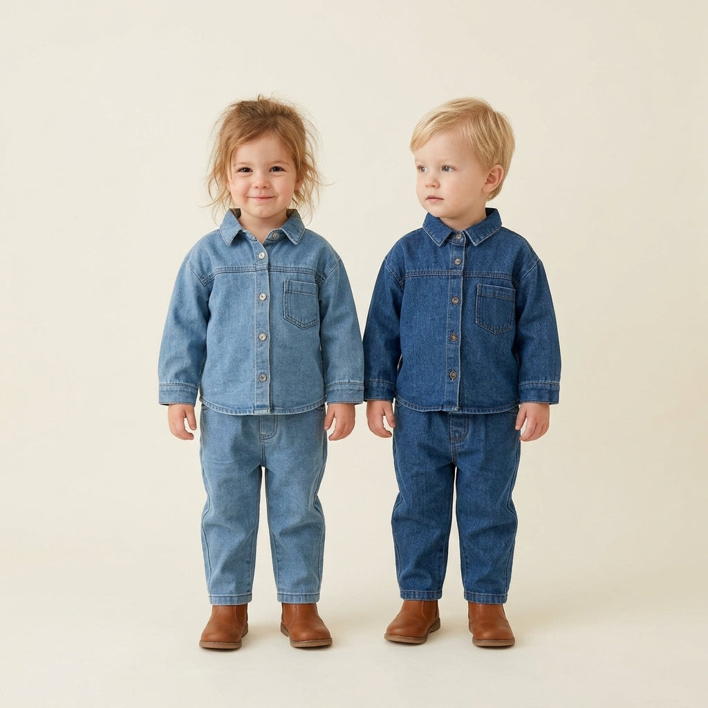 Kids Denim Button-Down Long Sleeve Shirt Top &amp; Jeans Pants Outfits