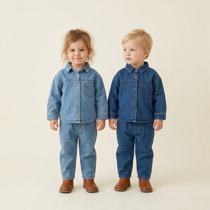 Kids Denim Button-Down Long Sleeve Shirt Top &amp; Jeans Pants Outfits