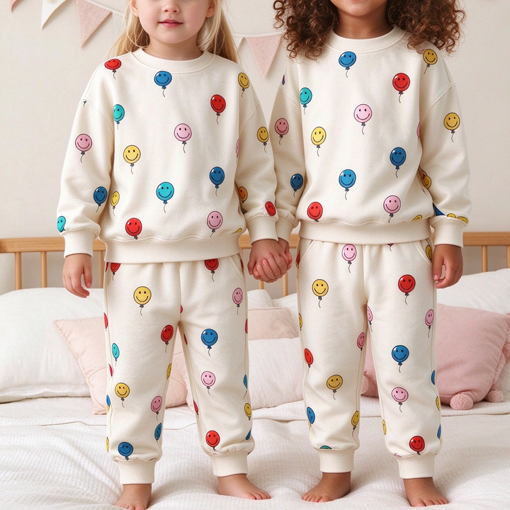 Smiley Face Colorful Balloon Print Sweatshirt and Pants Set