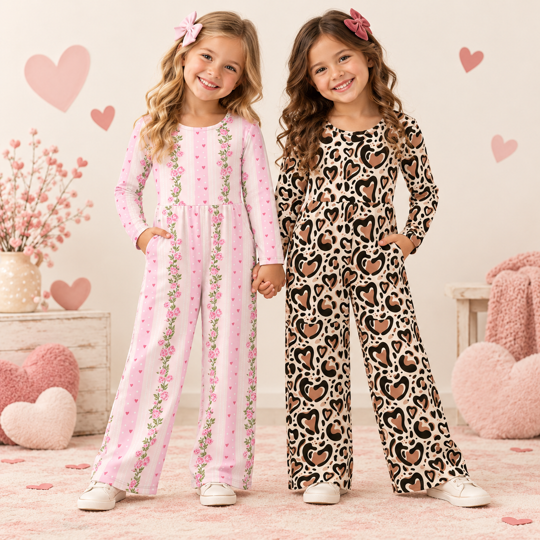 Two girls wearing Valentine heart and leopard print long sleeve rompers