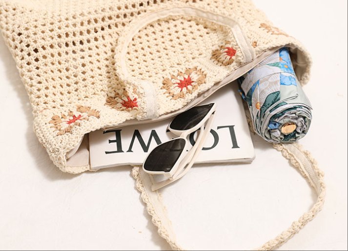 Large capacity cotton woven bag hollow flower knitted beach bag