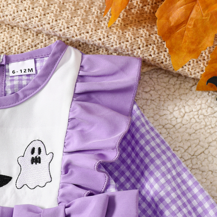 Halloween ghost embroidery plaid ruffle top&pant set