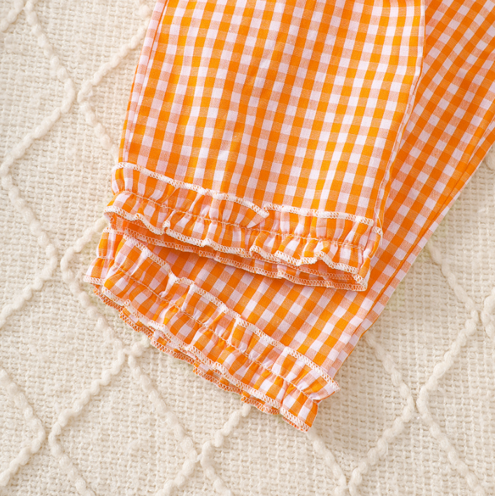 Halloween ghost embroidery plaid ruffle top&pant set